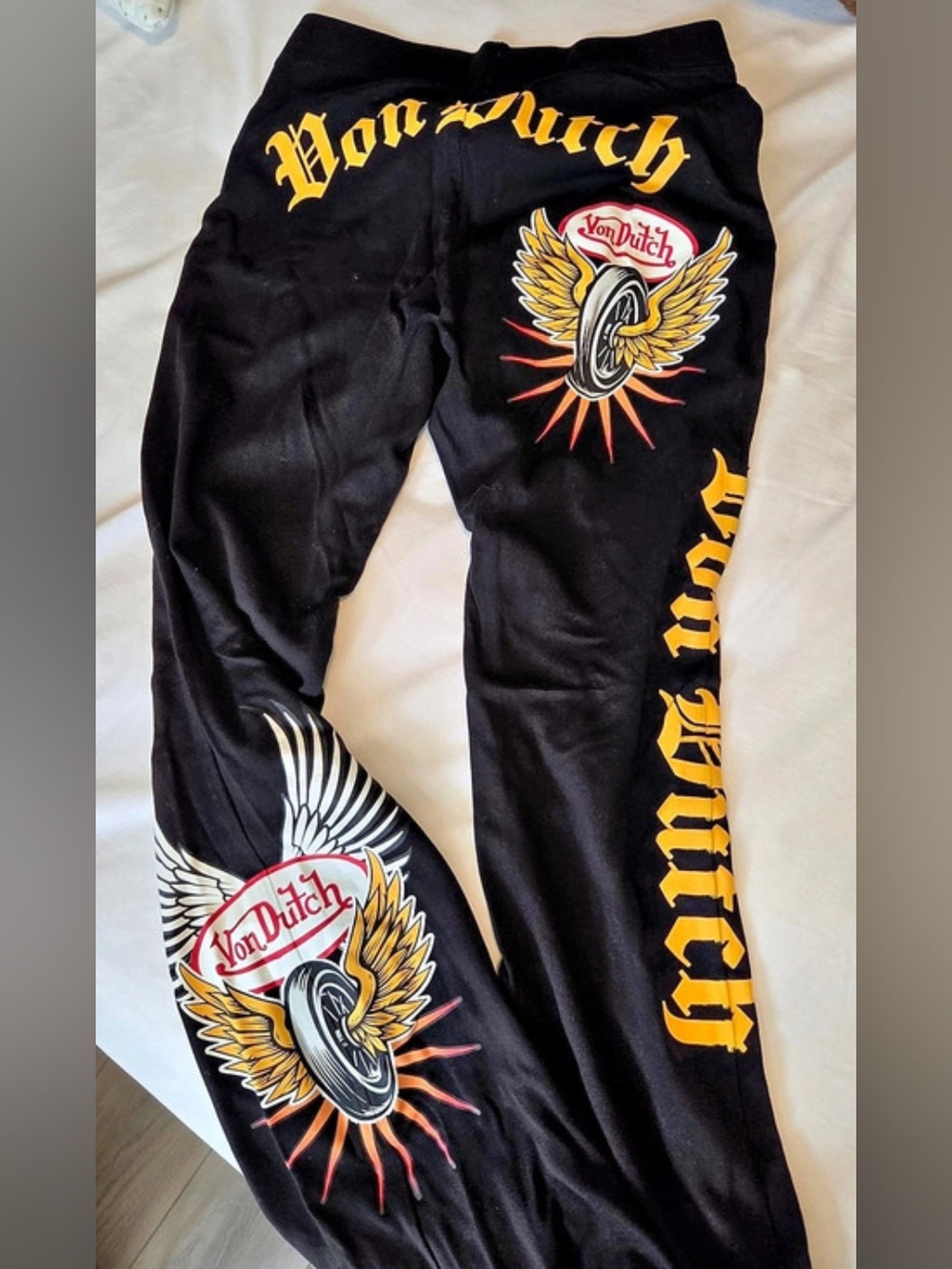 Von Dutch Graphic Leggings in Black & Yellow Size Large Like New